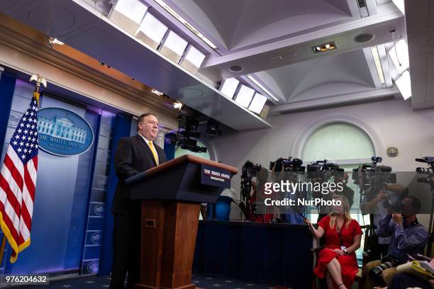 Secretary of State Mike Pompeo speaks during a press briefing in the James S. Brady Press Briefing Room of the White House, in Washington, D.C., on...
