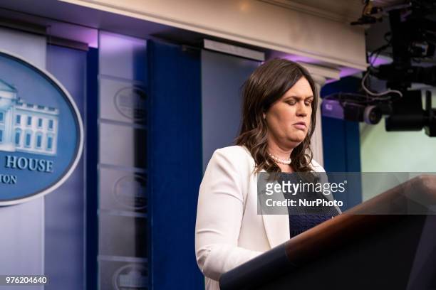 White House Press Secretary Sarah Huckabee Sanders, speaks during a press briefing in the James S. Brady Press Briefing Room of the White House, in...