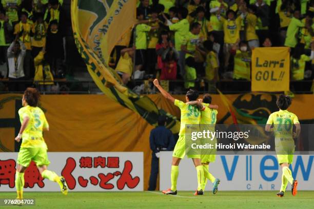 Larrivey of JEF United Chiba celebrates scoring his team's second goal during the J.League J2 match between JEF United Chiba and Ehime FC at Fukuda...