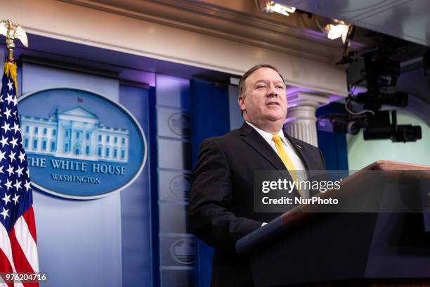 Secretary of State Mike Pompeo speaks during a press briefing in the James S. Brady Press Briefing Room of the White House, in Washington, D.C., on...