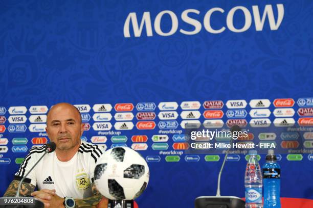 Jorge Sampaoli, Head coach of of Argentina attends the post match press conference following the 2018 FIFA World Cup Russia group D match between...