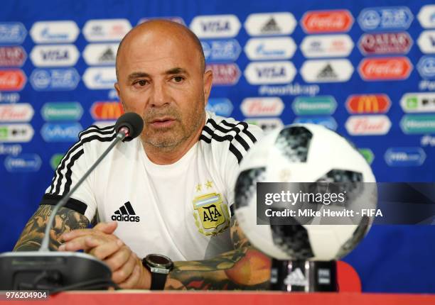 Jorge Sampaoli, Head coach of of Argentina attends the post match press conference following the 2018 FIFA World Cup Russia group D match between...