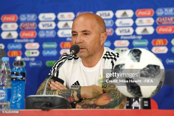 Jorge Sampaoli, Head coach of of Argentina attends the post match press conference following the 2018 FIFA World Cup Russia group D match between...