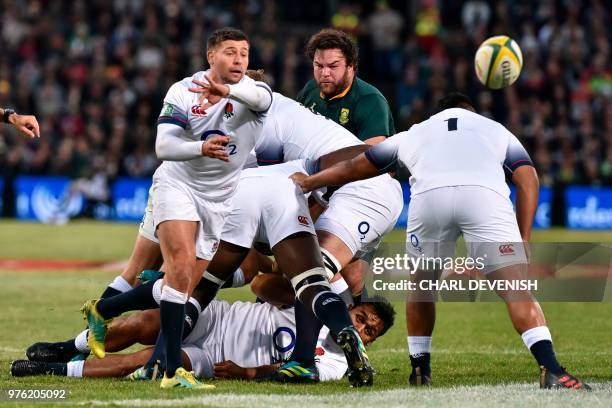 Englands scrum-half Ben Youngs clears the ball during the second test match South Africa vs England at the Free State Stadium in Bloemfontein, on...