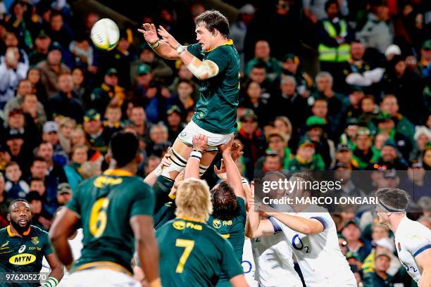 South Africa's lock Franco Mostert wins a line out during the second test match South Africa vs England at the Free State Stadium in Bloemfontein, on...