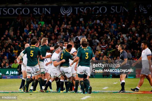 South Africa's and England's players scuffle during the second test match South Africa vs England at the Free State Stadium in Bloemfontein, on June...