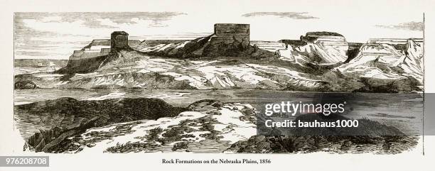 bildbanksillustrationer, clip art samt tecknat material och ikoner med klippformationer på nebraska slätter viktorianska gravyr, 1856 - santa fe trail