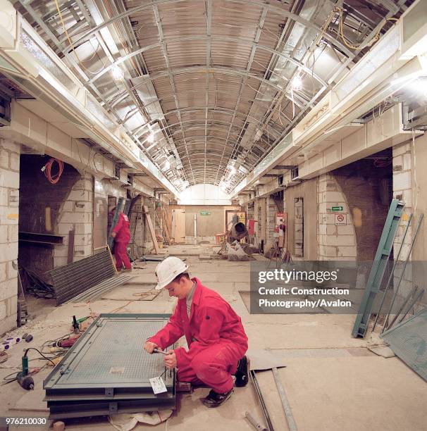 Passenger tunnel during refurbishment of Angel Underground station, London, United Kingdom,.