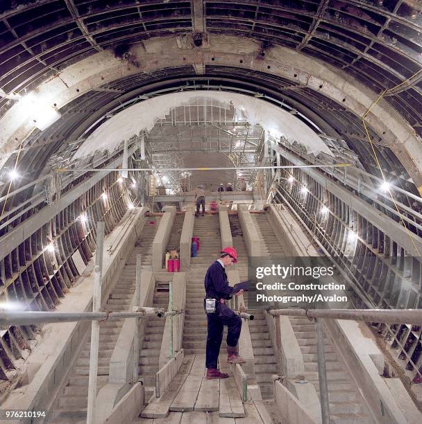 Escalators during refurbishment of Angel Underground station. London, United Kingdom, 27th November 2002.