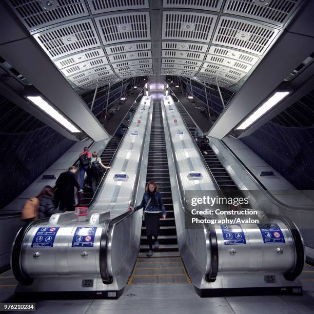 Escalators at London Bridge station on the Jubilee Line Extension. London, United Kingdom, 6th December 2002.