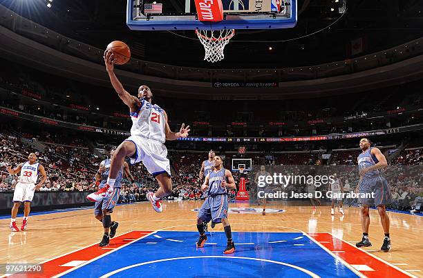 Thaddeus Young of the Philadelphia 76ers shoots against the Charlotte Bobcats during the game on March 10, 2010 at the Wachovia Center in...