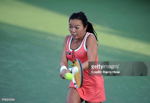 Vania King hits a backhand in her match against Christina McHale during the BNP Paribas Open at the Indian Wells Tennis Garden on March 10, 2010 in...