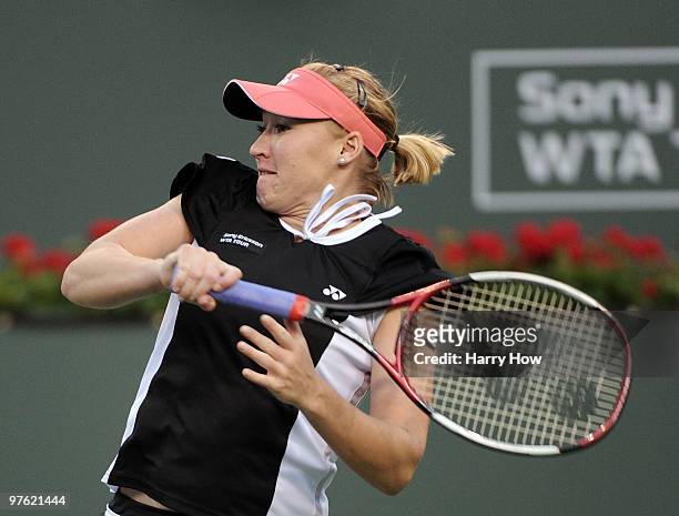 Elena Baltacha of Great Britain hits a backhand in her match against Alexa Glatch during the BNP Paribas Open at the Indian Wells Tennis Garden on...