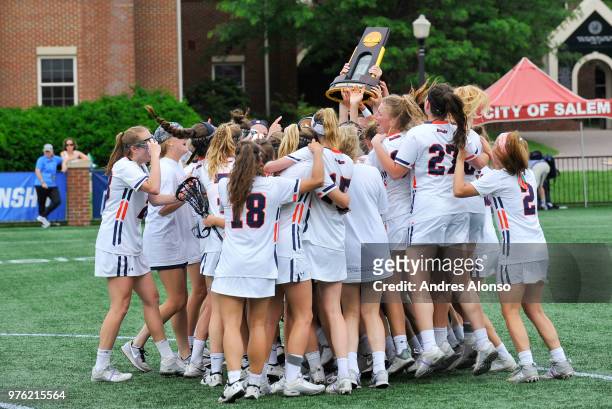 Gettysburg College celebrates winning the Division III Women's Lacrosse Championship held at Kerr Stadium on May 27, 2018 in Salem, Virginia....