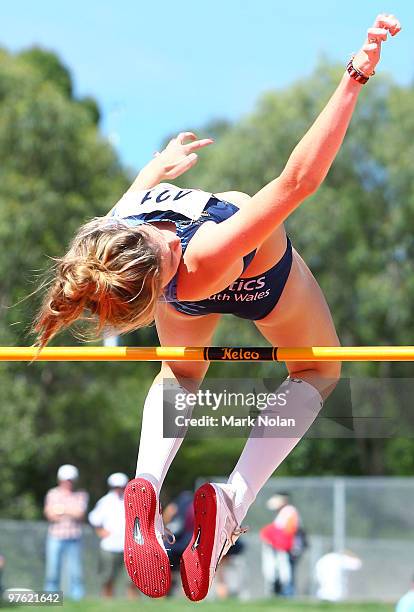 Amy Pejkovic of NSW competes in the girls under 18 High Jump during day one of the 2010 Australian Junior Championships at Sydney Olympic Park Sports...