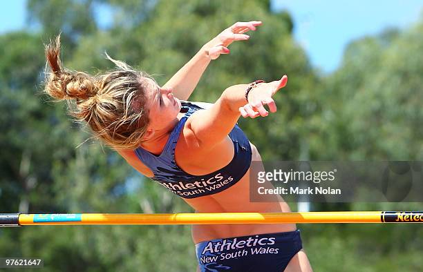 Amy Pejkovic of NSW competes in the girls under 18 High Jump during day one of the 2010 Australian Junior Championships at Sydney Olympic Park Sports...