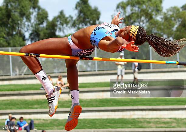 Shani Sleeman of NSW competes in the girls under 18 High Jump during day one of the 2010 Australian Junior Championships at Sydney Olympic Park...