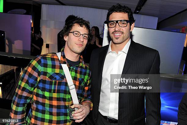 Actor Andy Sandberg and Mark Sanchez of the NY Jets attends the Samsung 3D LED TV launch party with THE BLACK EYED PEAS at Time Warner Center on...