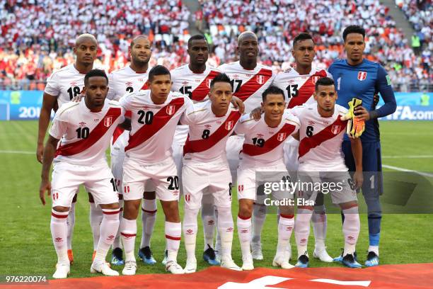 The Peru team line up ahead of the 2018 FIFA World Cup Russia group C match between Peru and Denmark at Mordovia Arena on June 16, 2018 in Saransk,...