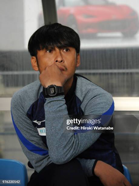 Kenta Kawai,coach of Ehime FC looks on prior to the J.League J2 match between JEF United Chiba and Ehime FC at Fukuda Denshi Arena on June 16, 2018...