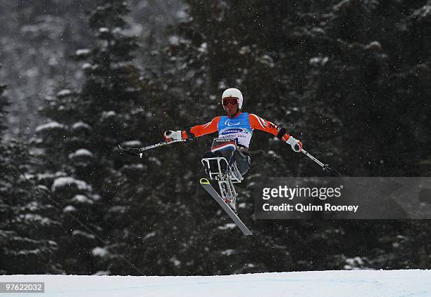 Kees-Jan van der Klooster of the Netherlands practices during a training run for the Men's Downhill Sitting prior to the 2010 Vancouver Winter...
