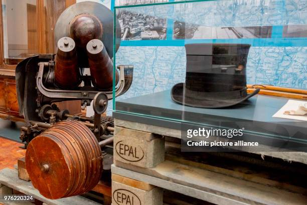 June 2018, Germany, Poessneck: A hat shape apparatus for the manufacture of felt hats from ca. 1900 of famly Max Forster from Altenburg at the...