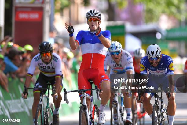 Arrival / Arnaud Demare of France and Team Groupama FDJ / Celebration / Fernando Gaviria of Colombia and Team Quick-Step Floors / Peter Sagan of...