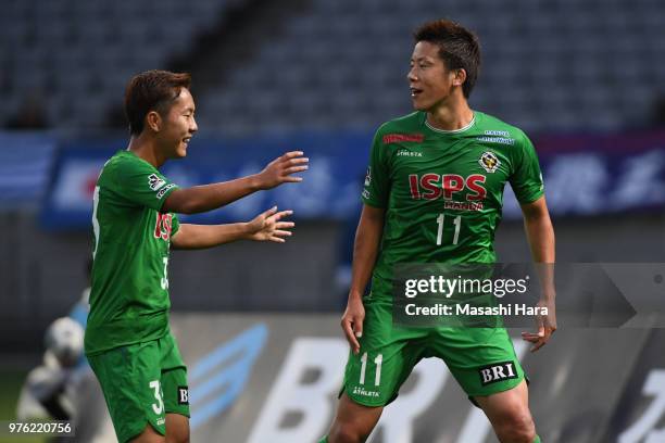 Ryohei Hayashi of Tokyo Verdy celebrates the first goal during the J.League J2 match between Tokyo Verdy and Kyoto Sanga at Ajinomoto Stadium on June...