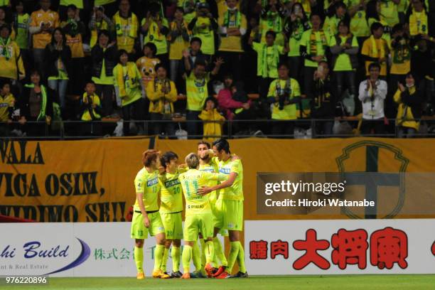 Larrivey of JEF United Chiba celebrates scoring his team's second goal during the J.League J2 match between JEF United Chiba and Ehime FC at Fukuda...