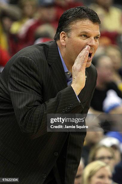 Head coach Greg McDermott of the Iowa State Cyclones calls out in the first half against the Texas Longhornsduring the first round game of the 2010...