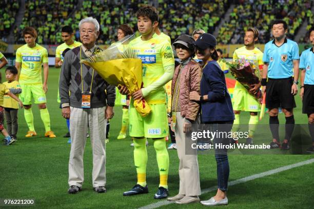 Toshiya Takagi of JEF United Chiba looks on prior to the J.League J2 match between JEF United Chiba and Ehime FC at Fukuda Denshi Arena on June 16,...