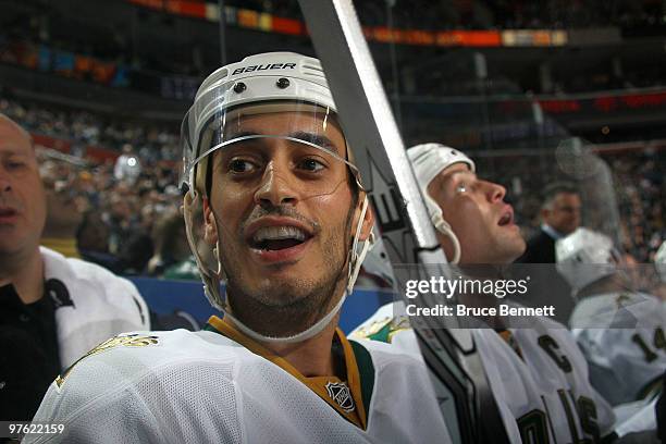 Mike Ribeiro of the Dallas Stars chats with the Buffalo Sabre bench at the HSBC Arena on March 10, 2010 in Buffalo, New York. The Sabres defeated the...