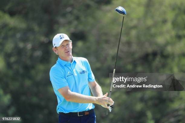 Brandt Snedeker of the United States plays his shot from the sixth tee during the third round of the 2018 U.S. Open at Shinnecock Hills Golf Club on...