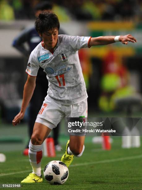 Daiki Kogure of Ehime FC in action during the J.League J2 match between JEF United Chiba and Ehime FC at Fukuda Denshi Arena on June 16, 2018 in...