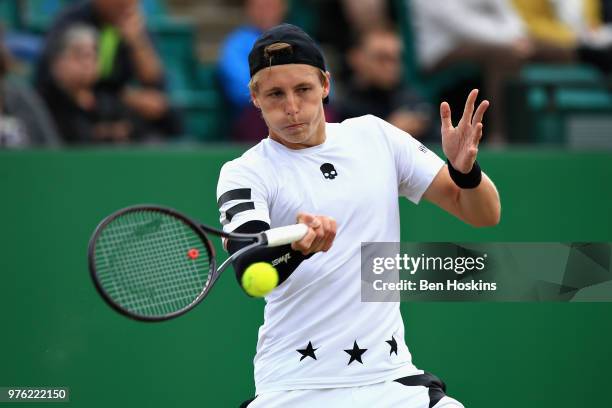 Ilya Ivashka of Belarus in action in the Mens Singles Semi Final during Day Eight of the Nature Valley Open at Nottingham Tennis Centre on June 16,...