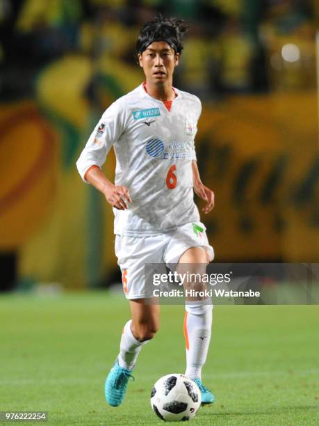 Hideyuki Nozawa of Ehime FC in action during the J.League J2 match between JEF United Chiba and Ehime FC at Fukuda Denshi Arena on June 16, 2018 in...