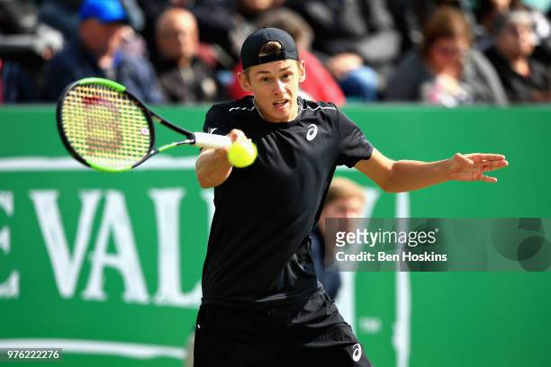 Alex de Minaur of Australia in action in the Mens Singles Semi Final during Day Eight of the Nature Valley Open at Nottingham Tennis Centre on June...