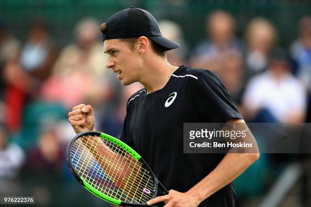 Alex de Minaur of Australia in action in the Mens Singles Semi Final during Day Eight of the Nature Valley Open at Nottingham Tennis Centre on June...