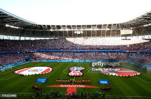 General view inside the stadium as the teams line up prior to the 2018 FIFA World Cup Russia group C match between Peru and Denmark at Mordovia Arena...