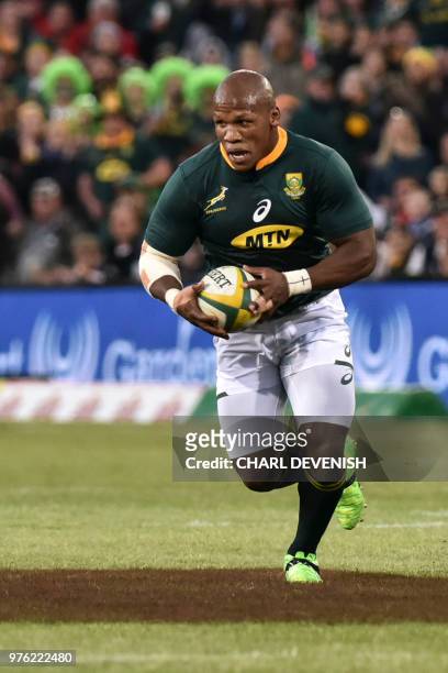 South Africas hooker Bongi Mbonambi during the second test match South Africa vs England at the Free State Stadium in Bloemfontein, on June 16, 2018.