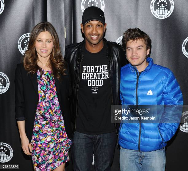 Jessica Biel, Kenna and Emile Hirsch attend the premiere of "Summit on the Summit: Kilimanjaro" at the Tribeca Grand Hotel on March 10, 2010 in New...
