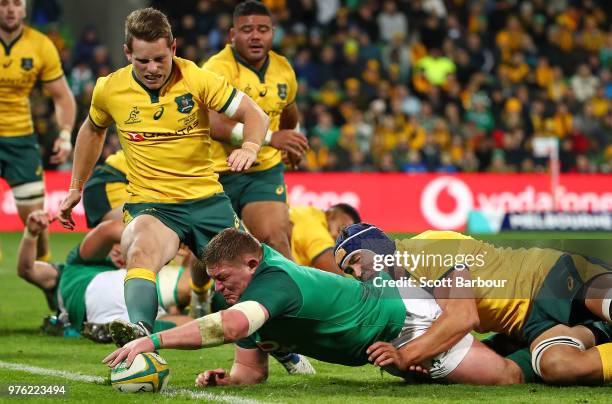 Tadhg Furlong of Ireland scores a try during the International test match between the Australian Wallabies and Ireland at AAMI Park on June 16, 2018...