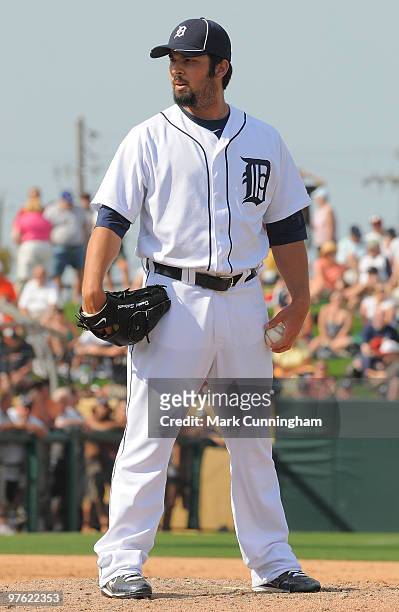 Daniel Schlereth of the Detroit Tigers pitches against the New York Yankees during a spring training game at Joker Marchant Stadium on March 10, 2010...