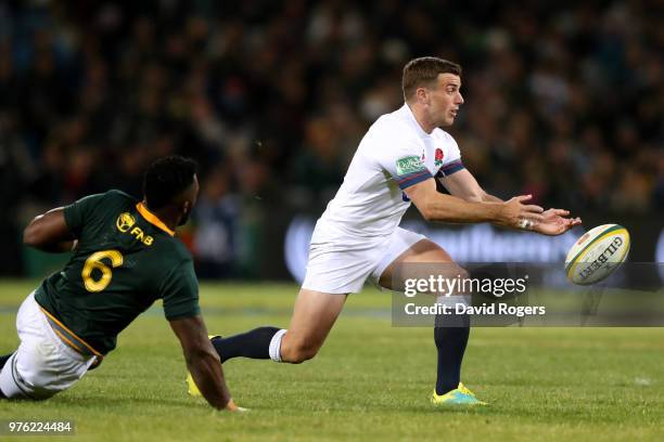 George Ford of England passes the ball out during the second test match between South Africa and England on June 16, 2018 in Bloemfontein, South...