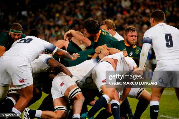 South Africa's number eight Duane Vermeulen and England scrum-half Ben Youngs are pictured during a South Africa's driven maul during the second test...