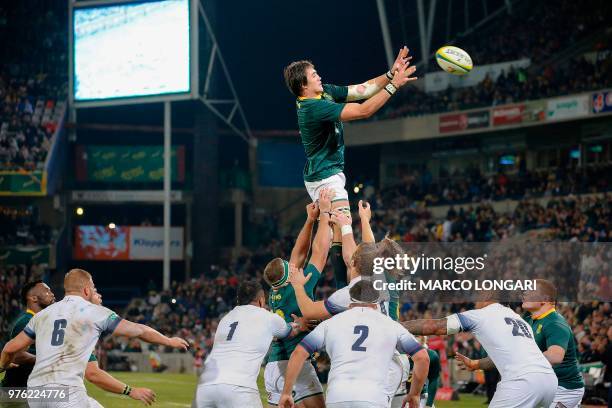 South Africa's lock Franco Mostert wins a line out during a South Africa's driven maul during the second test match South Africa vs England at the...