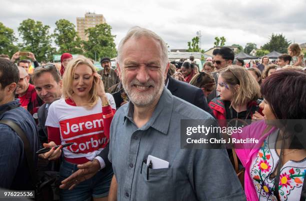 Labour party leader Jeremy Corbyn walks through the crowd before appearing on the main stage at Labour Live, White Hart Lane, Tottenham on June 16,...