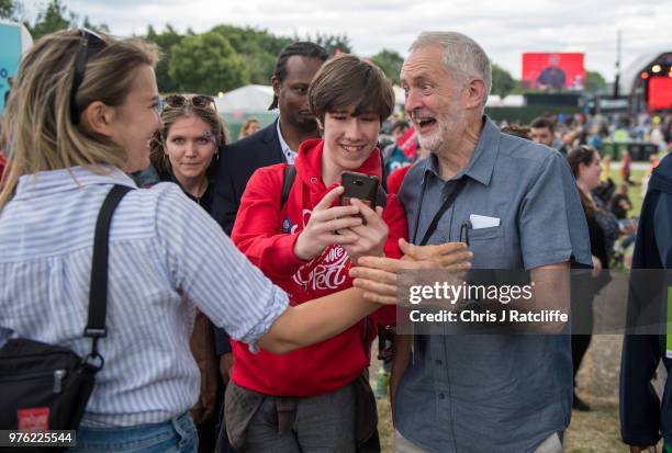 Labour party leader Jeremy Corbyn walks through the crowd before appearing on the main stage at Labour Live, White Hart Lane, Tottenham on June 16,...