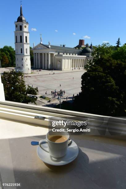 coffee with a view over vilnius cathedral square - sergio amiti stock pictures, royalty-free photos & images