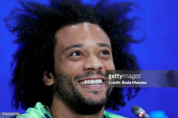 Marcelo of Brazil smiles as he talks to the medida during a press conference ahead of the FIFA World Cup 2018 at Rostov Arena on June 16, 2018 in...